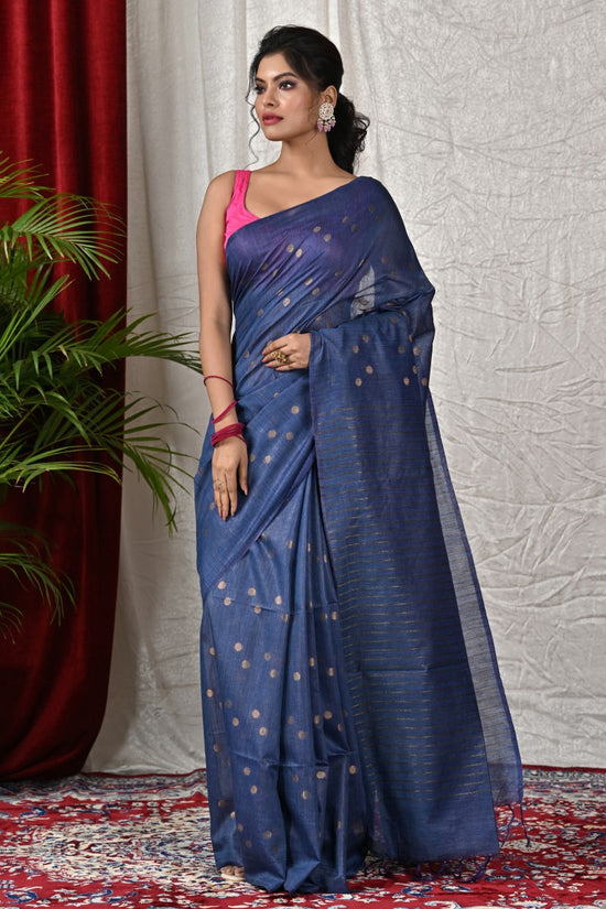 Navy Blue Tussar Silk Saree