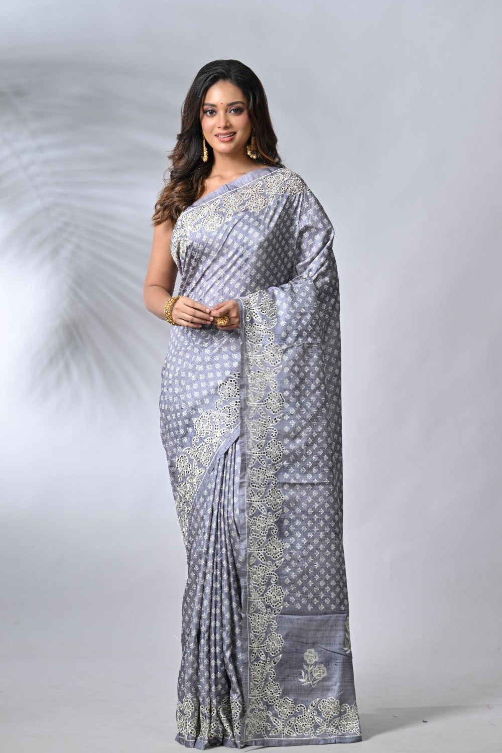 Grey Tussar Silk Embroidery Saree