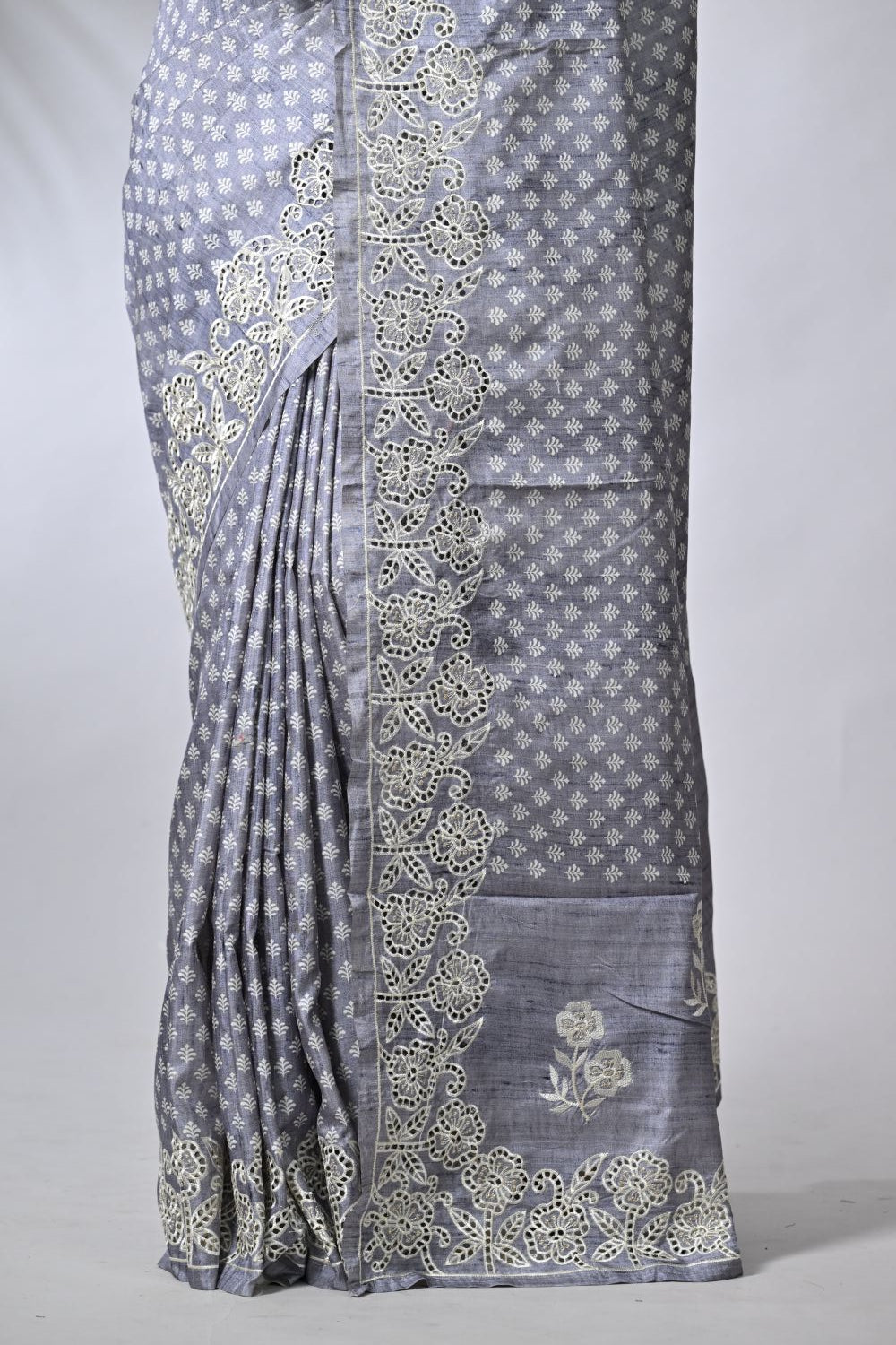 Grey Tussar Silk Embroidery Saree
