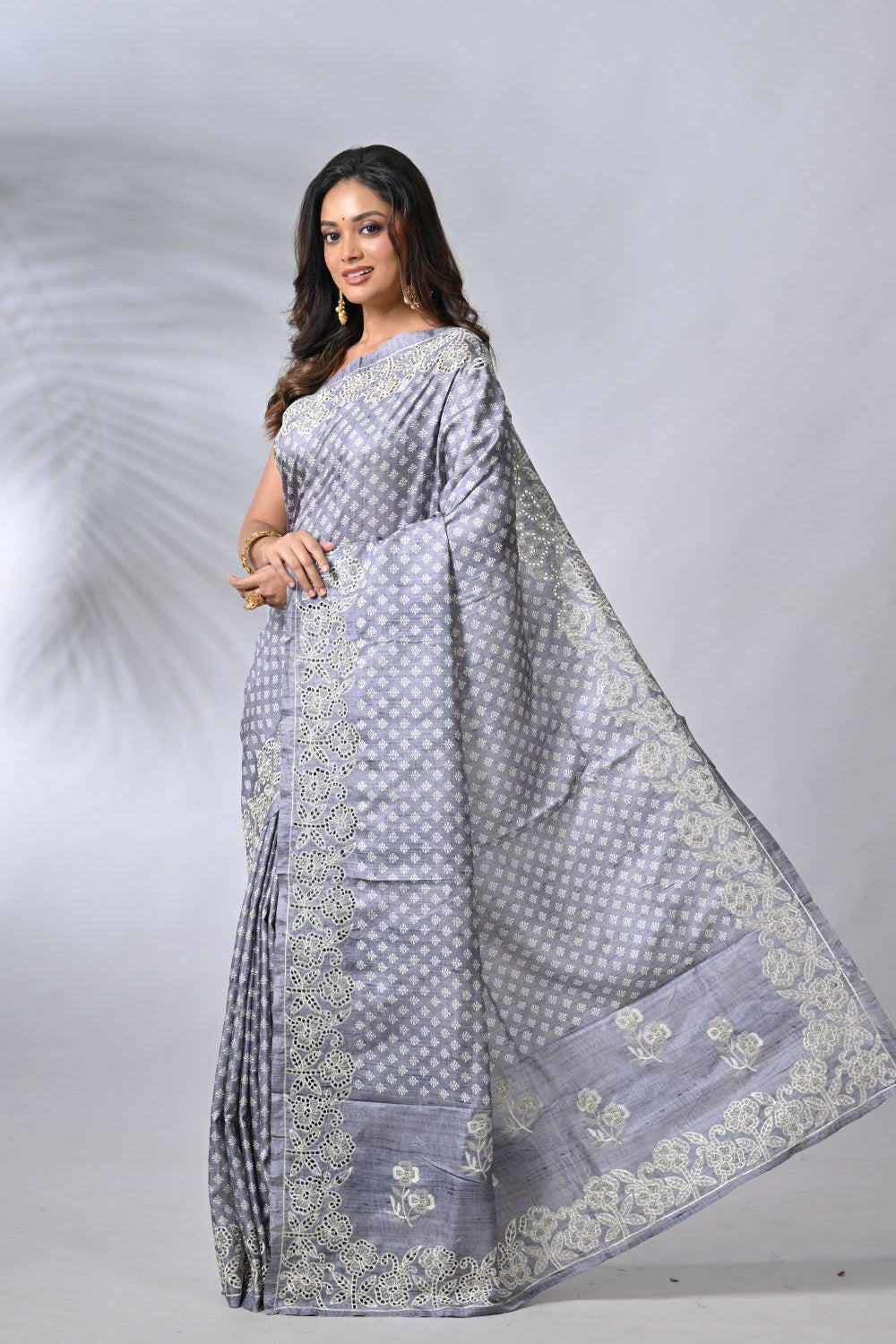 Grey Tussar Silk Embroidery Saree