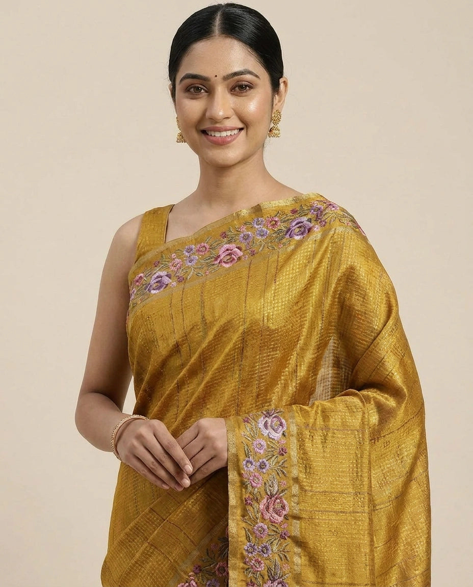 Embroidered Tussar Silk Saree - Rangoli India