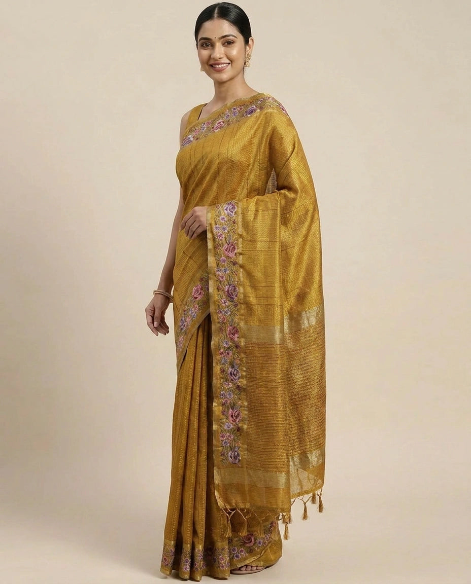 Embroidered Tussar Silk Saree - Rangoli India