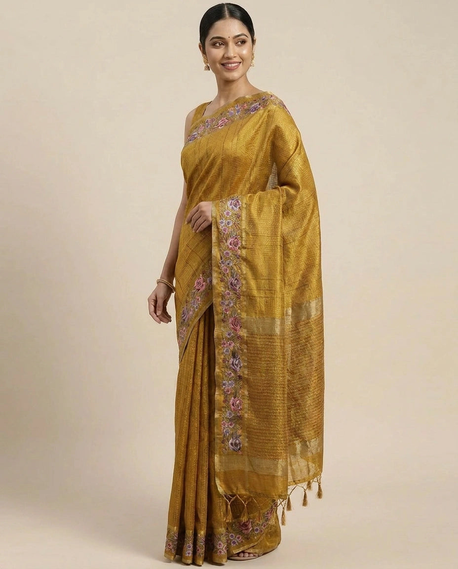 Embroidered Tussar Silk Saree - Rangoli India