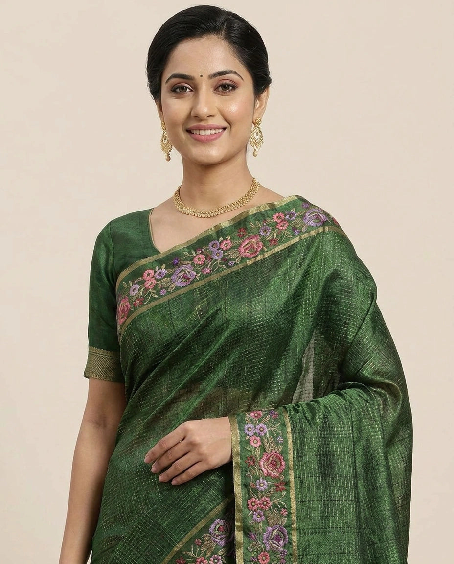 Embroidered Tussar Silk Saree - Rangoli India
