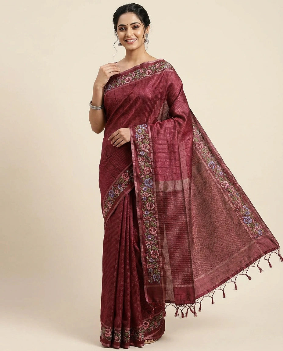 Embroidered Tussar Silk Saree - Rangoli India