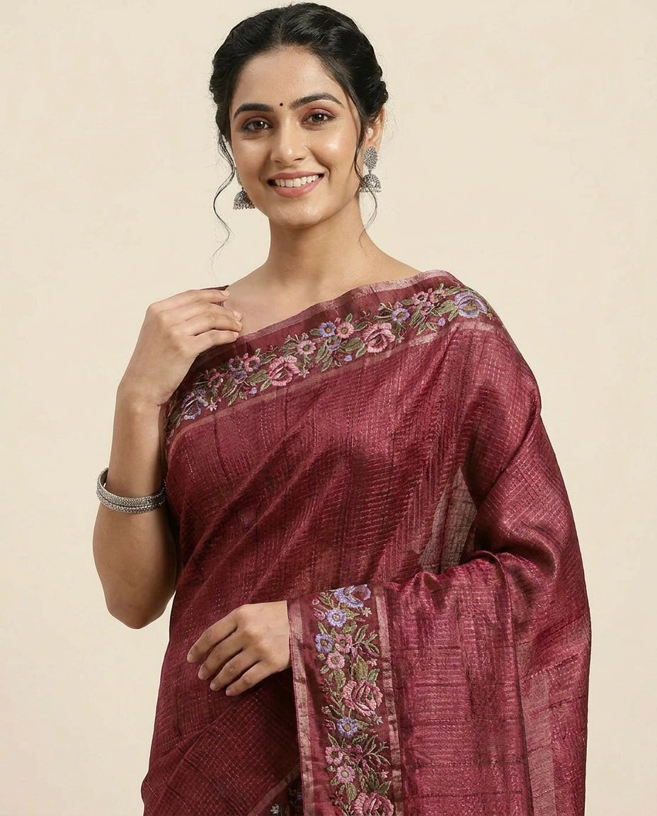 Embroidered Tussar Silk Saree - Rangoli India