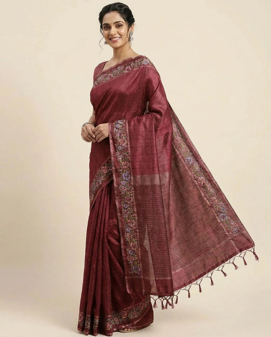 Embroidered Tussar Silk Saree - Rangoli India