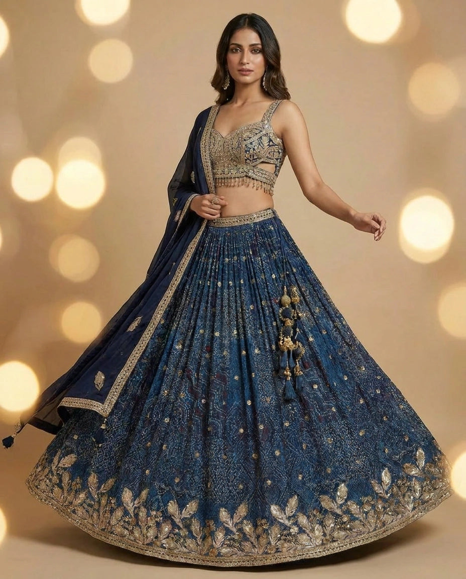 Chinon Silk Croptop Lehenga with Mirror Work Flared Lehenga - Rangoli India