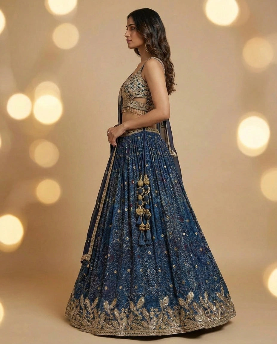Chinon Silk Croptop Lehenga with Mirror Work Flared Lehenga - Rangoli India