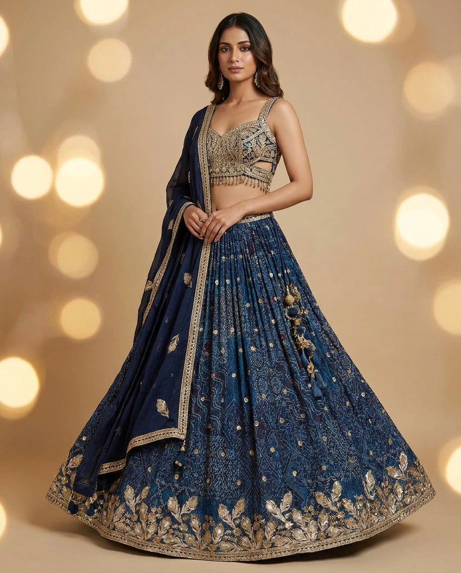 Chinon Silk Croptop Lehenga with Mirror Work Flared Lehenga - Rangoli India