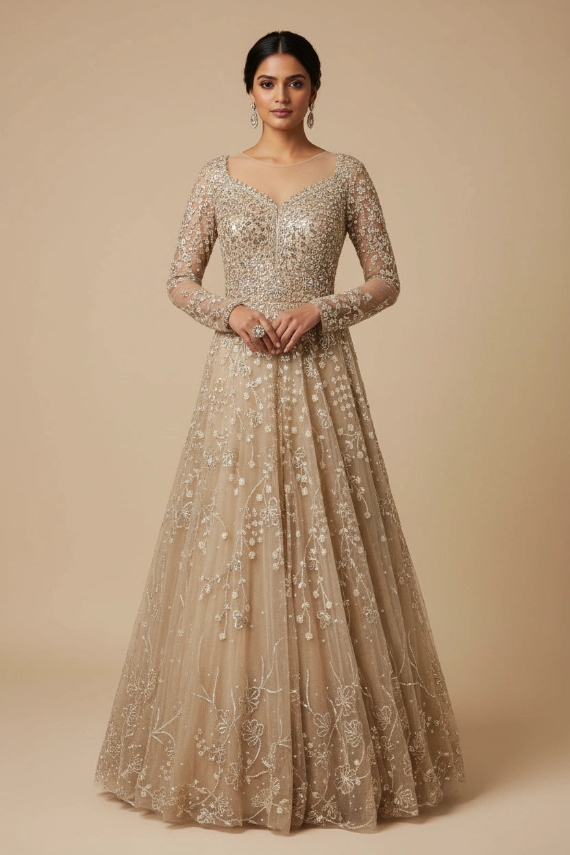 Contemporary Embroidered Net Suit Gown | Rangoli