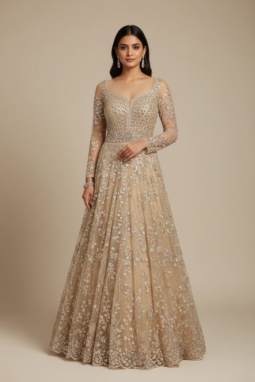 Contemporary Embroidered Net Suit Gown - View 2 | Rangoli