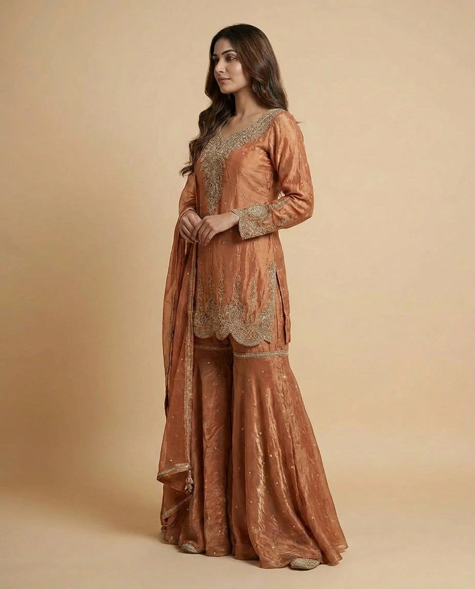 Tissue Palazzo Suit with Gota Patti and Sequin Work Online India - Rangoli India