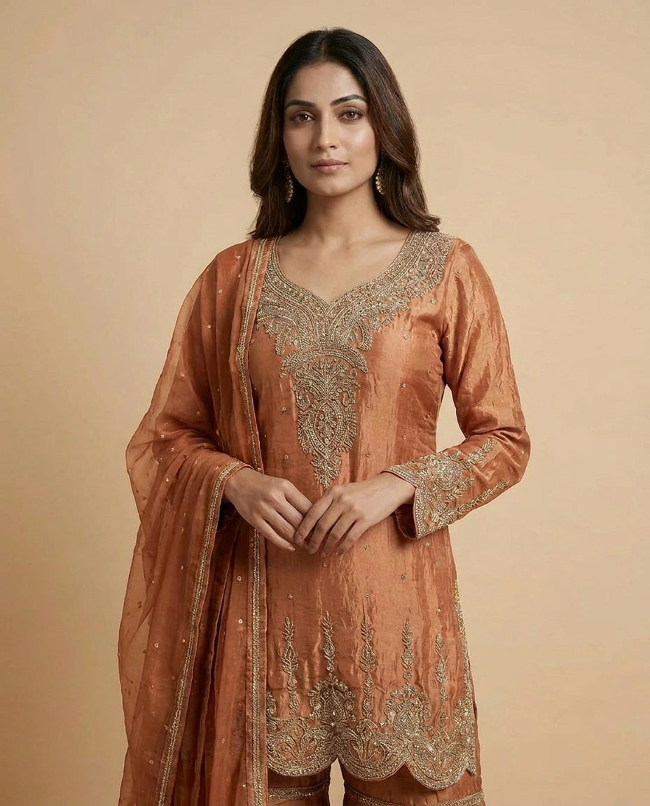 Tissue Palazzo Suit with Gota Patti and Sequin Work Online India - Rangoli India