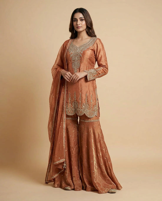 Tissue Palazzo Suit with Gota Patti and Sequin Work Online India - Rangoli India