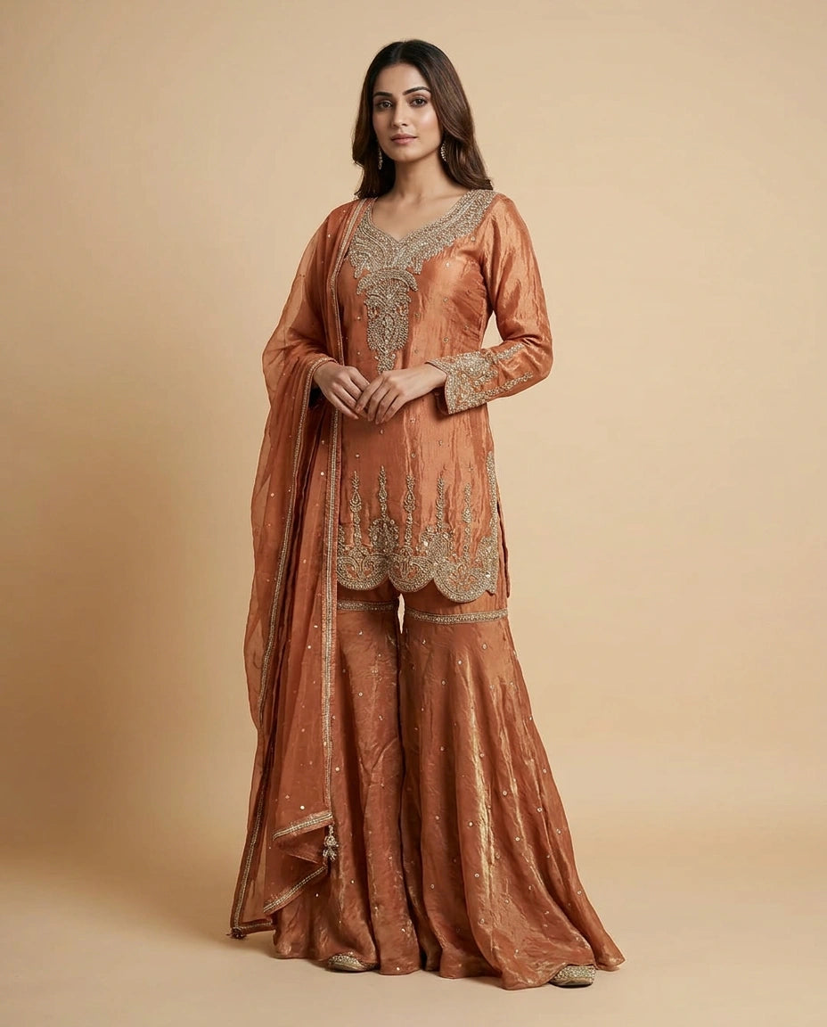 Tissue Palazzo Suit with Gota Patti and Sequin Work Online India - Rangoli India