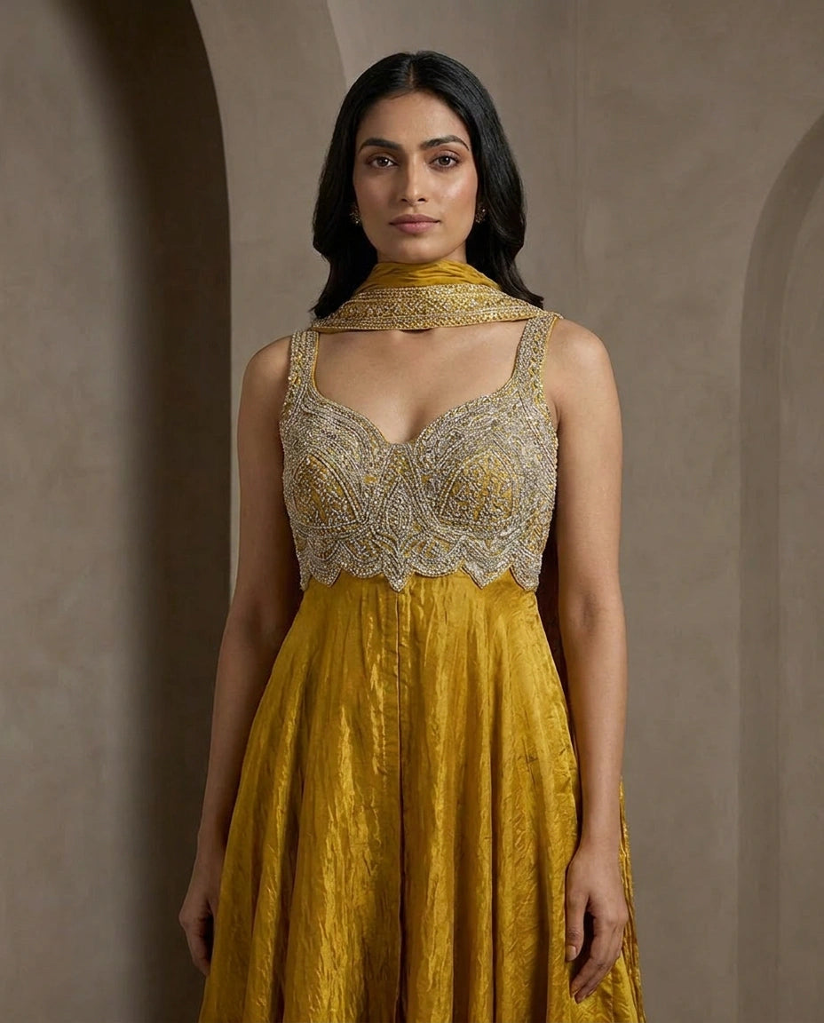 Tissue Straight Suit with Embroidered Yoke and Dupatta for Women - Rangoli India