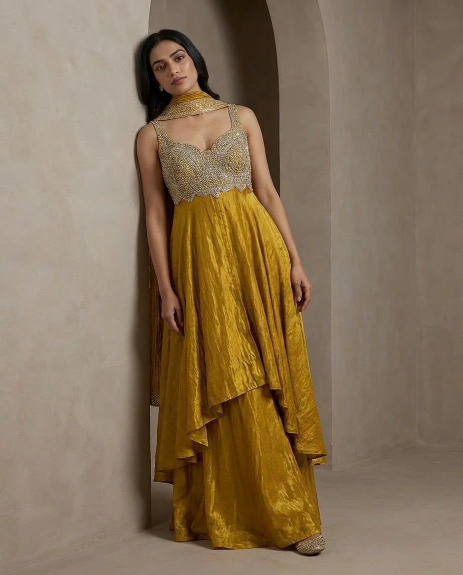 Tissue Straight Suit with Embroidered Yoke and Dupatta for Women - Rangoli India