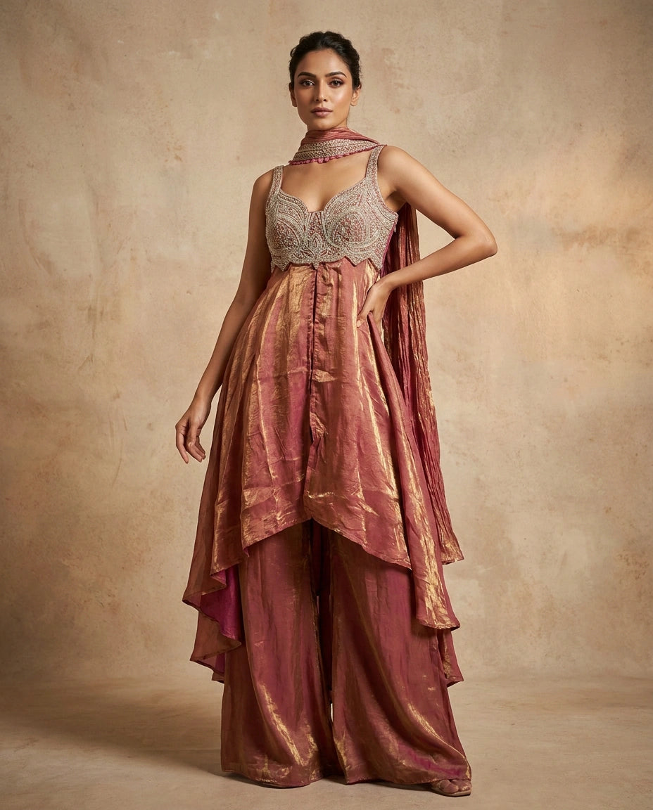 Tissue Straight Suit with Embroidered Yoke and Dupatta for Women - Rangoli India
