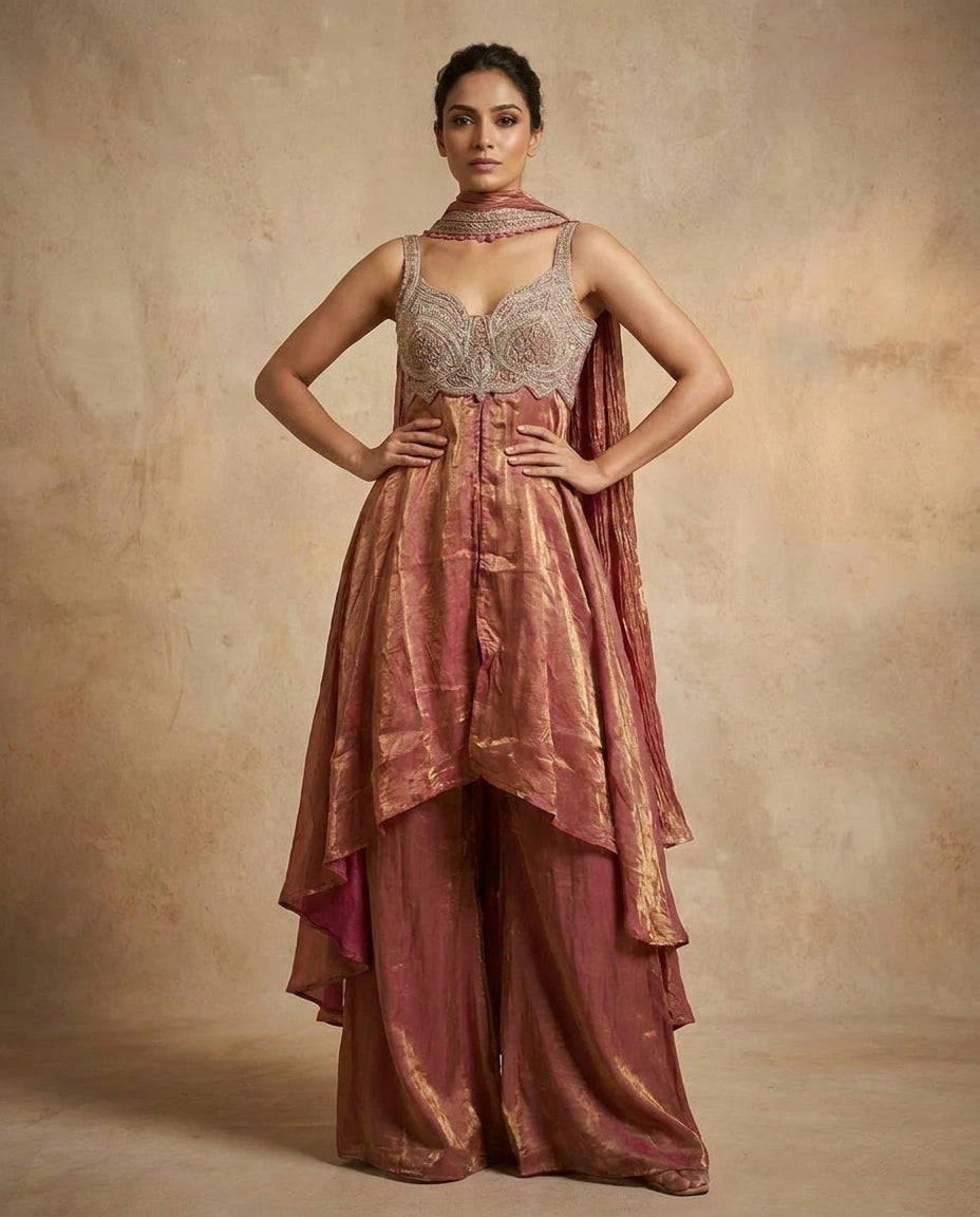 Tissue Straight Suit with Embroidered Yoke and Dupatta for Women - Rangoli India