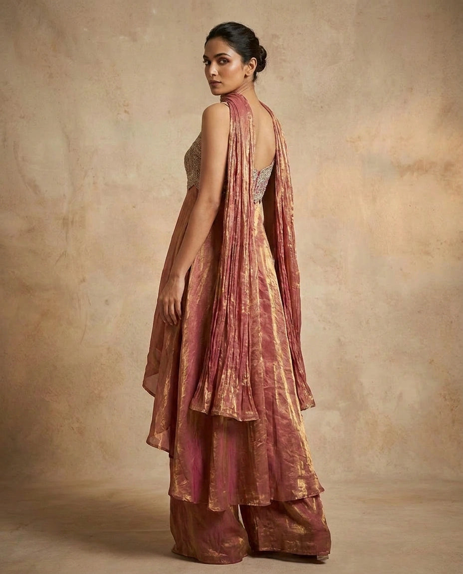 Tissue Straight Suit with Embroidered Yoke and Dupatta for Women - Rangoli India