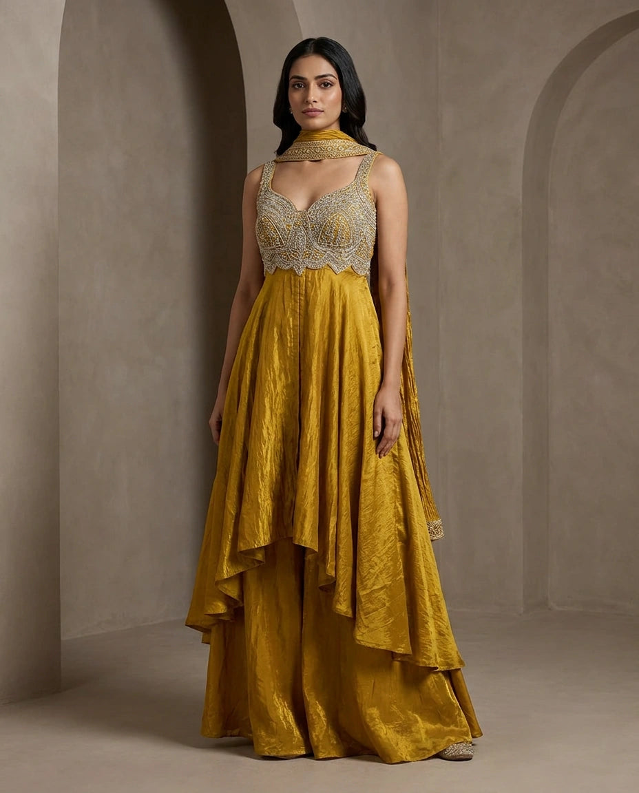 Tissue Straight Suit with Embroidered Yoke and Dupatta for Women - Rangoli India