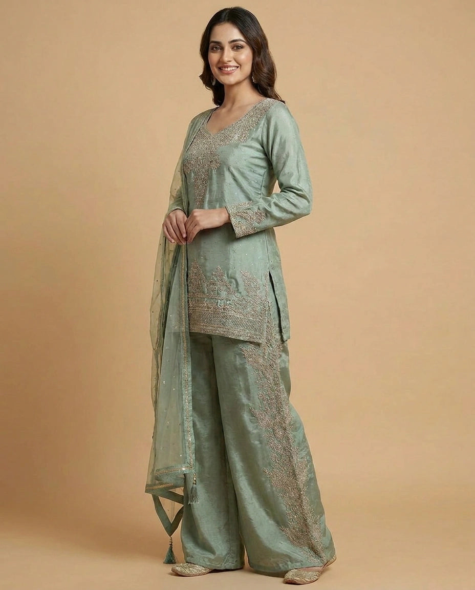 Tissue Palazzo Suit with Cutdana Embellishment Online India - Rangoli India