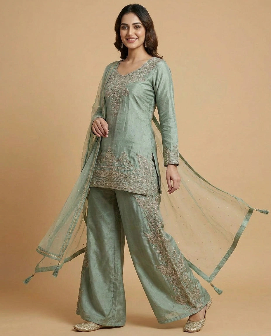 Tissue Palazzo Suit with Cutdana Embellishment Online India - Rangoli India