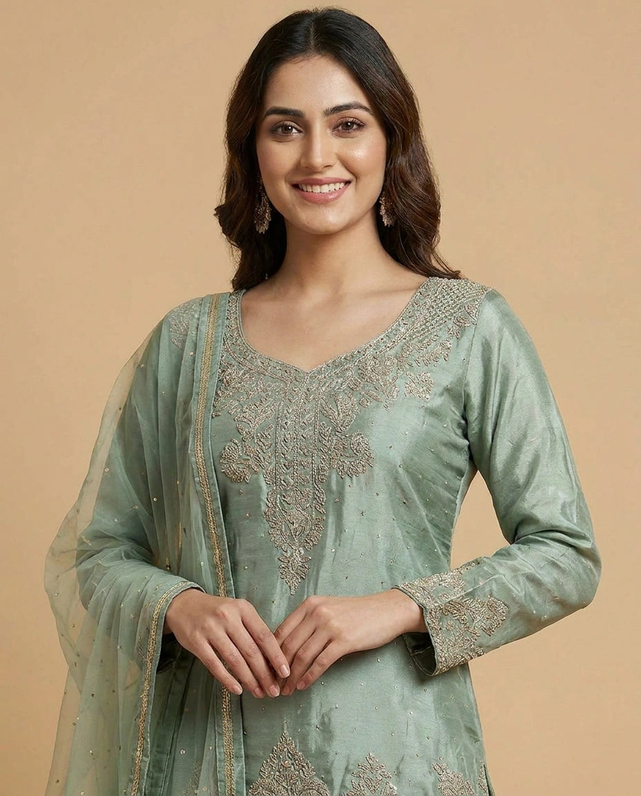 Tissue Palazzo Suit with Cutdana Embellishment Online India - Rangoli India