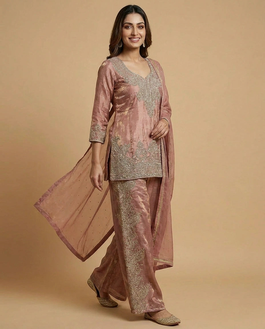 Tissue Palazzo Suit with Cutdana Embellishment Online India - Rangoli India
