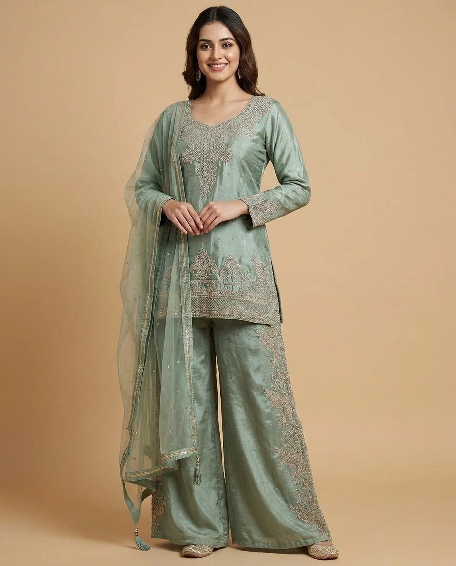 Tissue Palazzo Suit with Cutdana Embellishment Online India - Rangoli India
