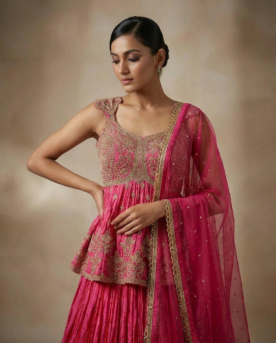 Chinon Silk Lehenga with Gota Patti Flared Skirt Online India - Rangoli India