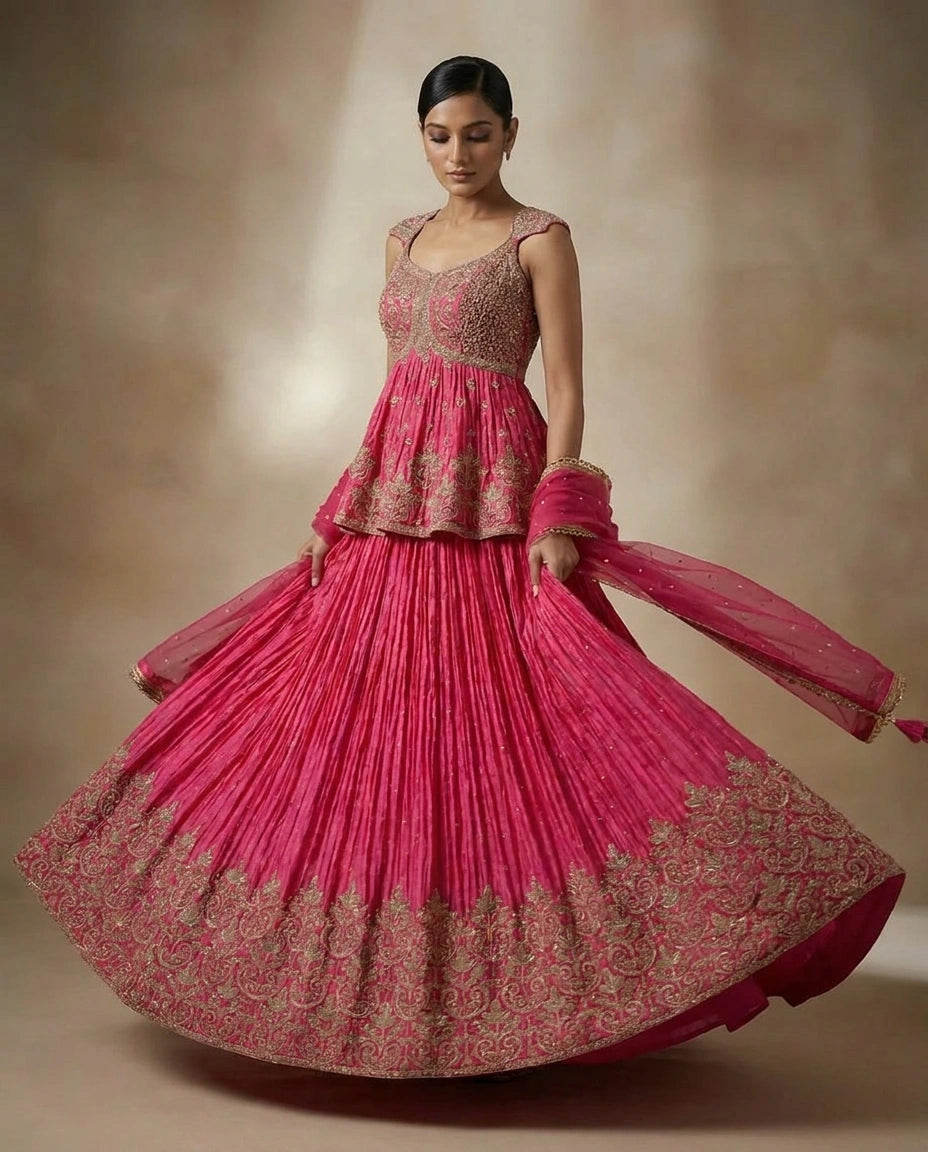 Chinon Silk Lehenga with Gota Patti Flared Skirt Online India - Rangoli India
