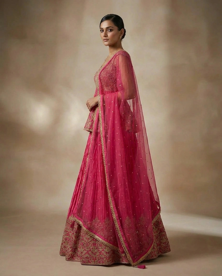 Chinon Silk Lehenga with Gota Patti Flared Skirt Online India - Rangoli India