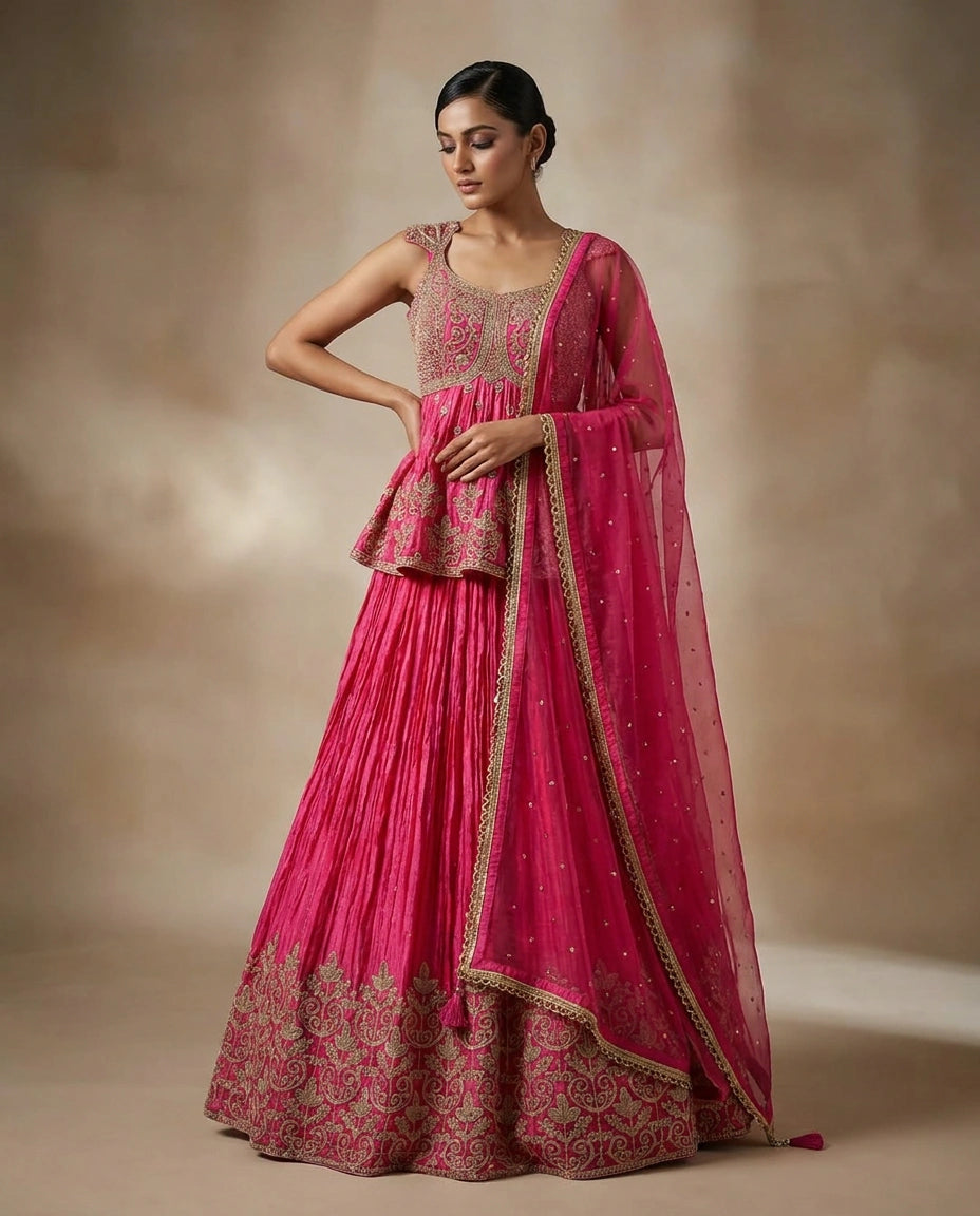 Chinon Silk Lehenga with Gota Patti Flared Skirt Online India - Rangoli India