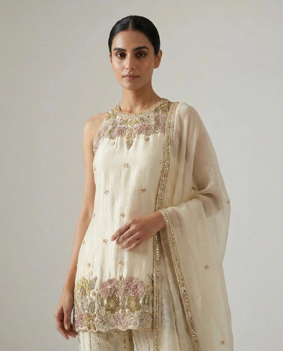 Off White Tissue Palazzo Suit with Flared Palazzo for Festive Wear view 2