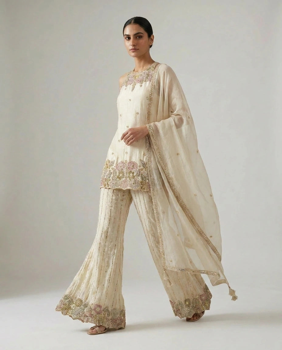 Off White Tissue Palazzo Suit with Flared Palazzo for Festive Wear view 3