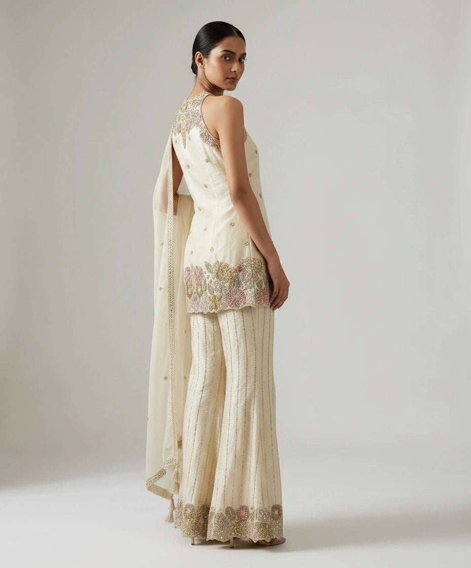 Off White Tissue Palazzo Suit with Flared Palazzo for Festive Wear view 4