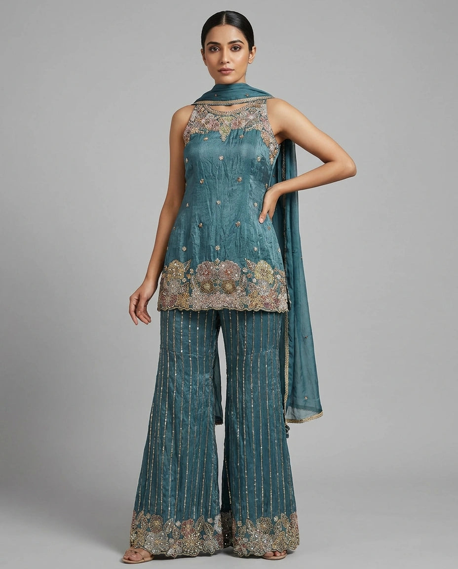 Off White Tissue Palazzo Suit with Flared Palazzo for Festive Wear view 5