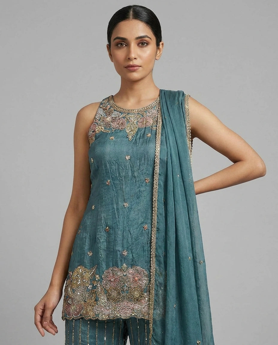 Off White Tissue Palazzo Suit with Flared Palazzo for Festive Wear view 6