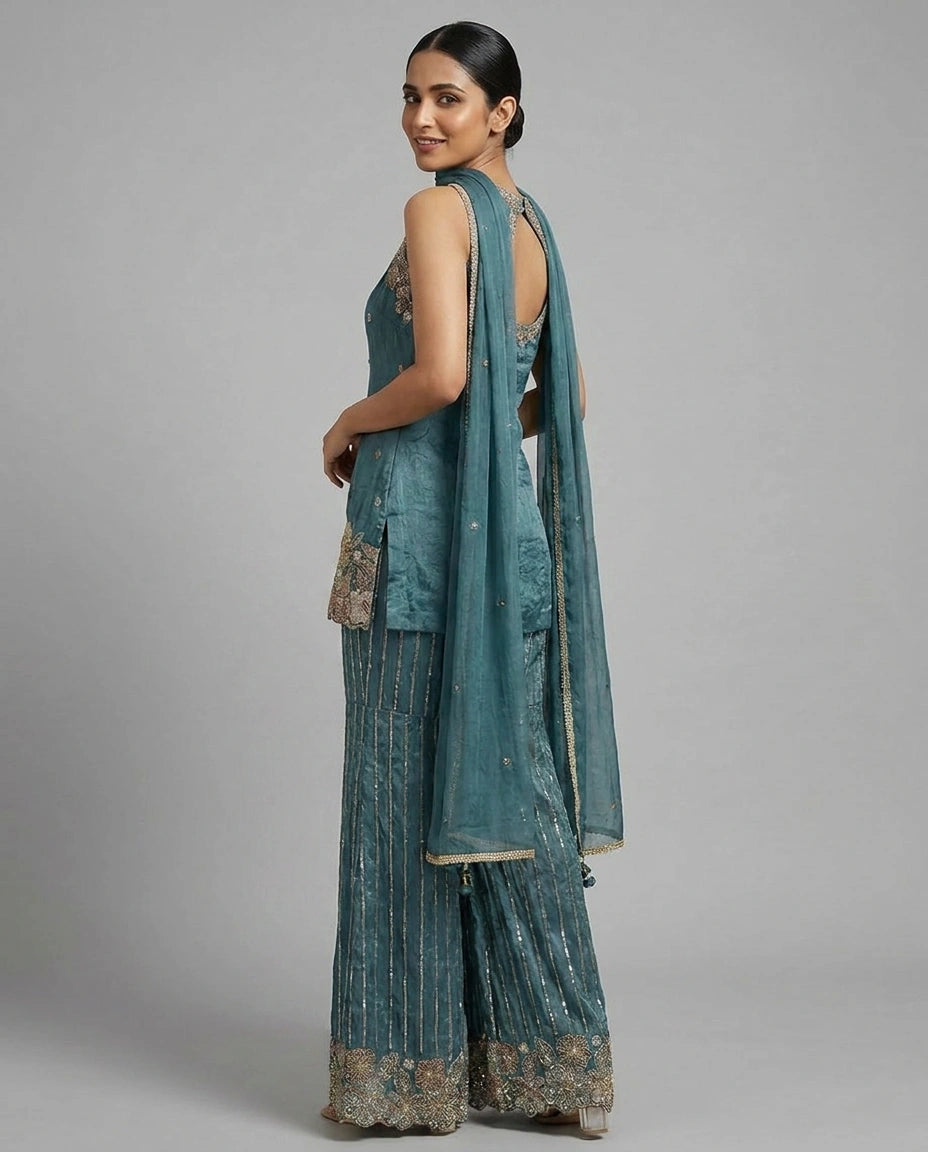 Off White Tissue Palazzo Suit with Flared Palazzo for Festive Wear view 7