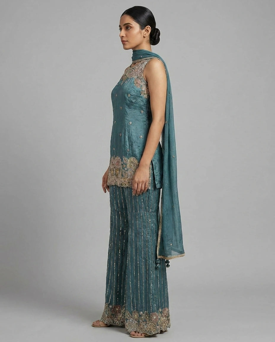 Off White Tissue Palazzo Suit with Flared Palazzo for Festive Wear view 8