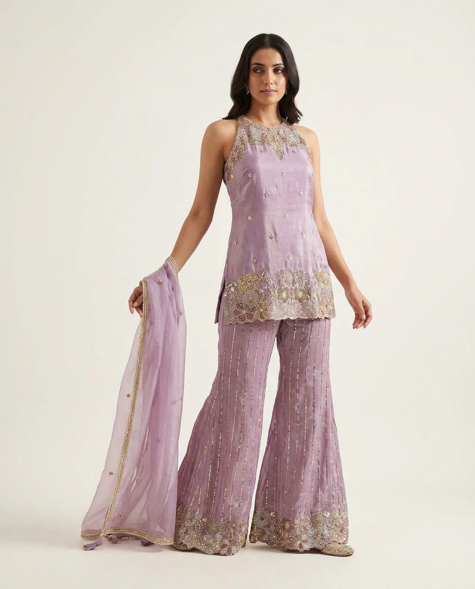 Off White Tissue Palazzo Suit with Flared Palazzo for Festive Wear view 9