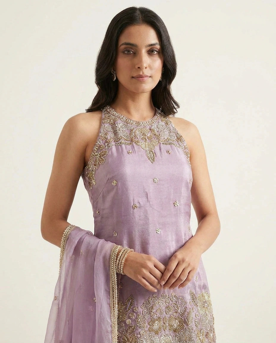 Off White Tissue Palazzo Suit with Flared Palazzo for Festive Wear view 10