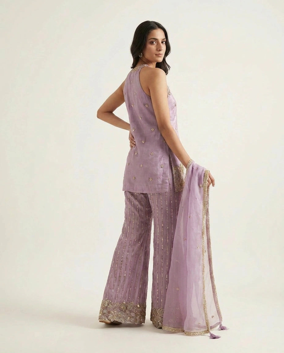 Off White Tissue Palazzo Suit with Flared Palazzo for Festive Wear view 11