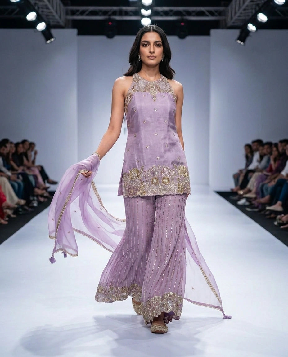 Off White Tissue Palazzo Suit with Flared Palazzo for Festive Wear view 12