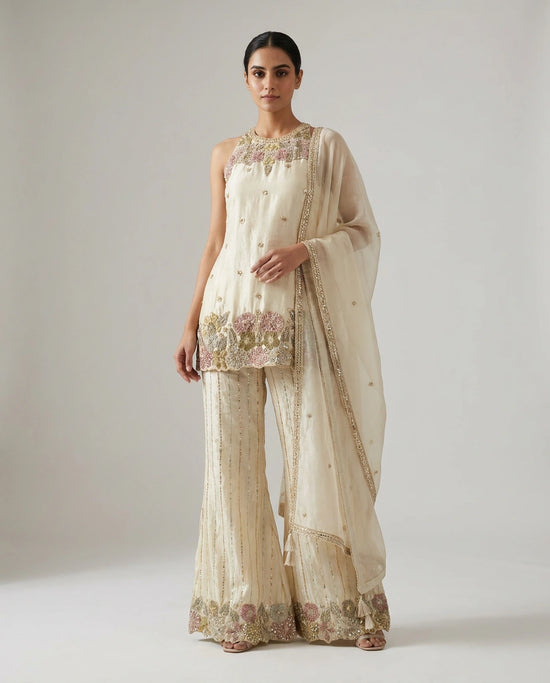 Off White Tissue Palazzo Suit with Flared Palazzo for Festive Wear - Rangoli India