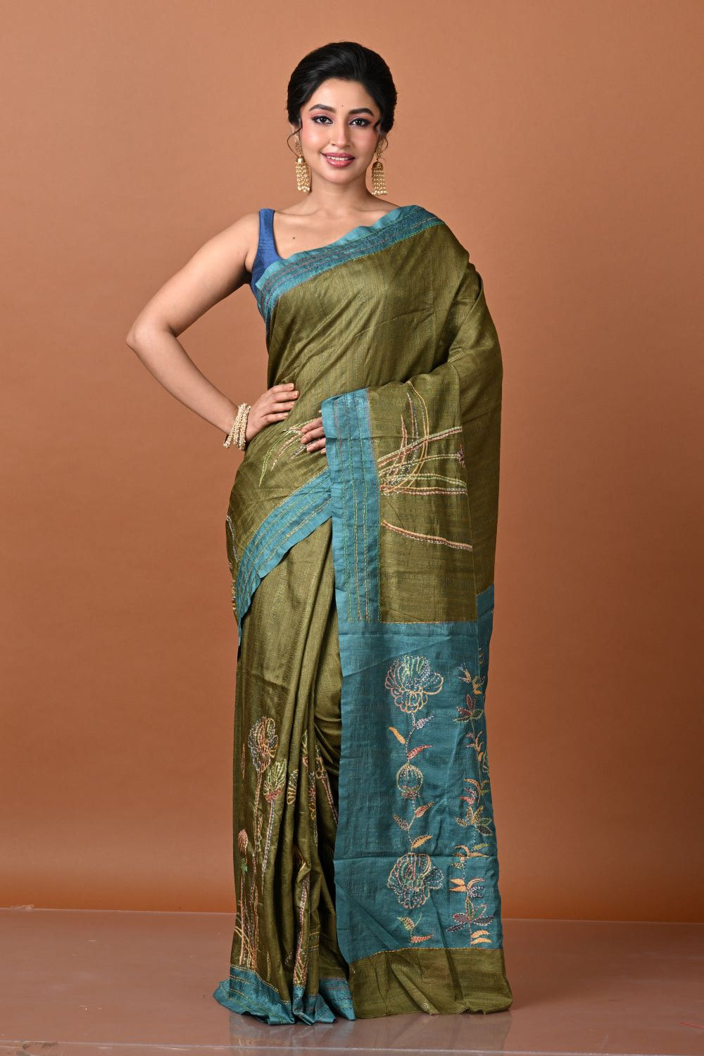 Mehandi Tussar Silk Embroidery Saree - tussar; silk Indian ethnic wear by Rangoli