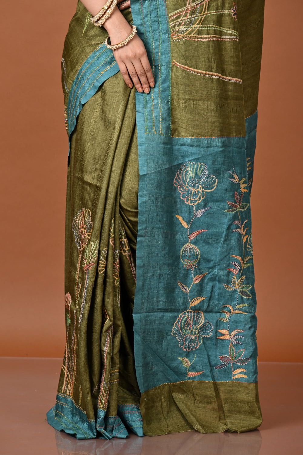 Mehandi Tussar Silk Embroidery Saree - tussar; silk Indian ethnic wear by Rangoli