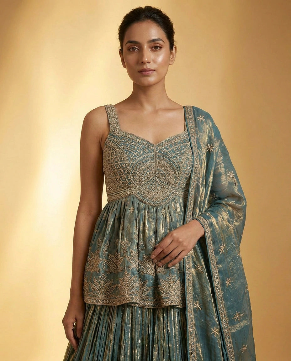 Tissue Lehenga with Cutdana and Stone Embellishment Online India - Rangoli India